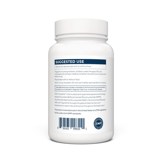 Renue By Science LIPO NAD Complete capsules close-up featuring NMN and NAD per serving.