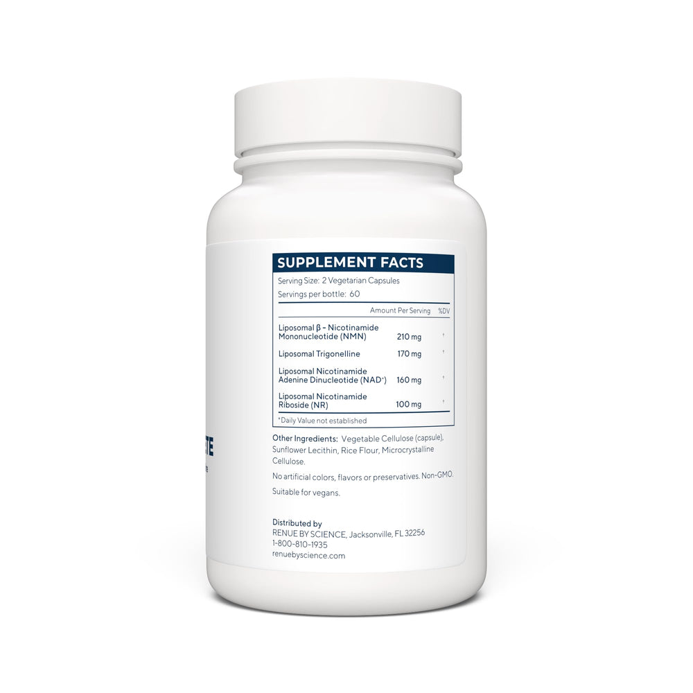 Renue By Science LIPO NAD Complete label details with GMP badge and ingredients list.
