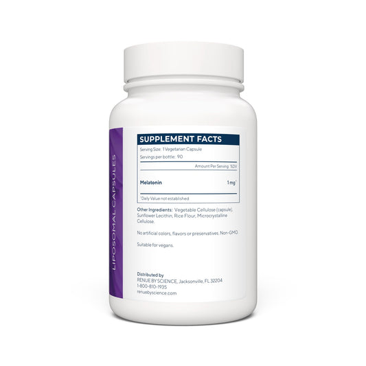 Renue By Science Melatonin capsules close-up, showcasing liposomal delivery.