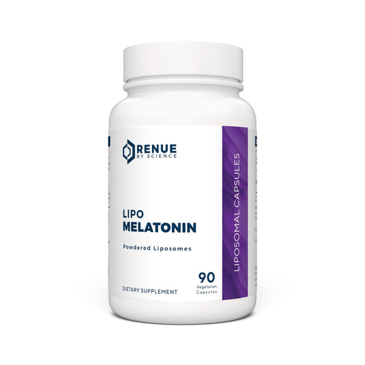 Renue By Science Melatonin bottle with capsules pour, highlighting sleep support potential.