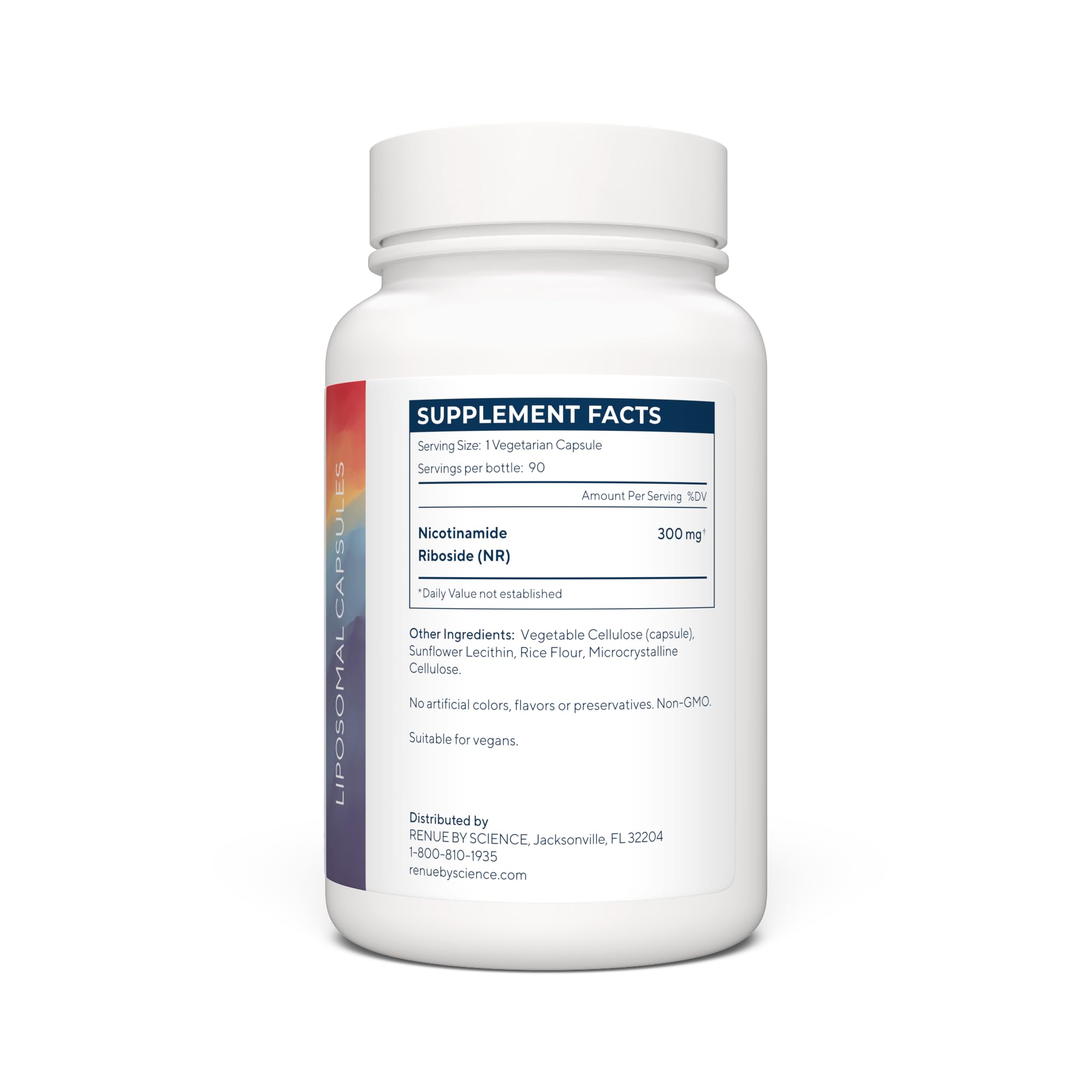 Front view of Renue By Science Nicotinamide Riboside bottle and label.