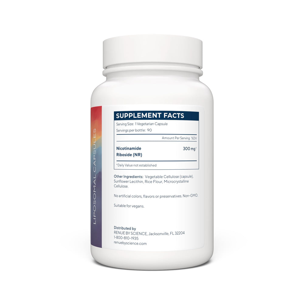 Front view of Renue By Science Nicotinamide Riboside bottle and label.