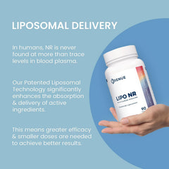 Close-up of Renue By Science NR liposomal capsule packaging.