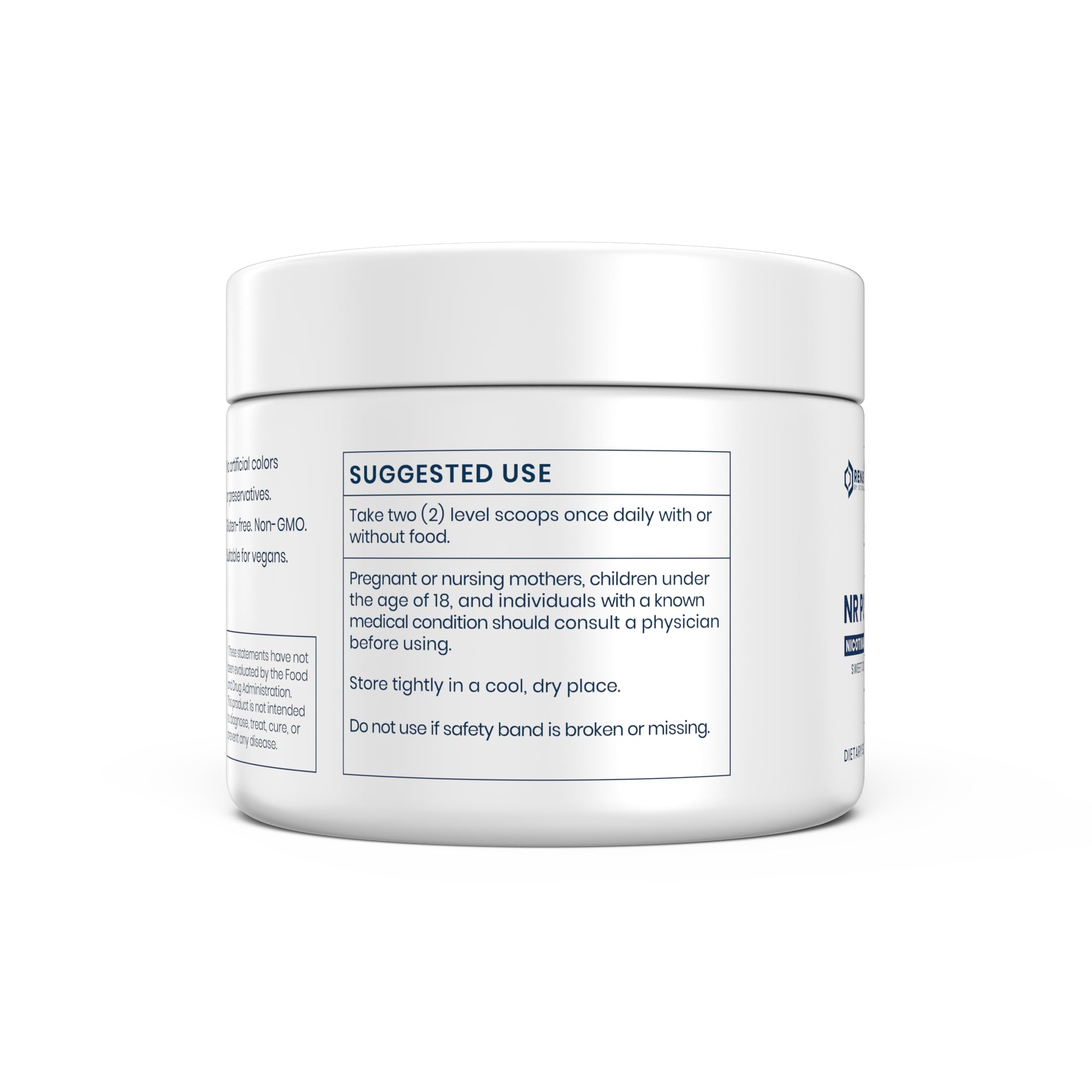 Renue By Science NR powder bottle shown beside label highlights 1000 mg potency for daily use.