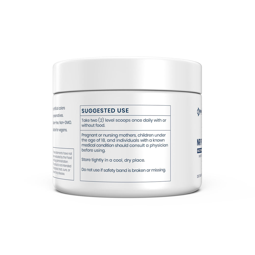 Renue By Science NR powder bottle shown beside label highlights 1000 mg potency for daily use.