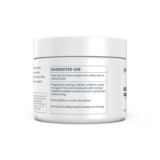 Renue By Science NR powder bottle shown beside label highlights 1000 mg potency for daily use.