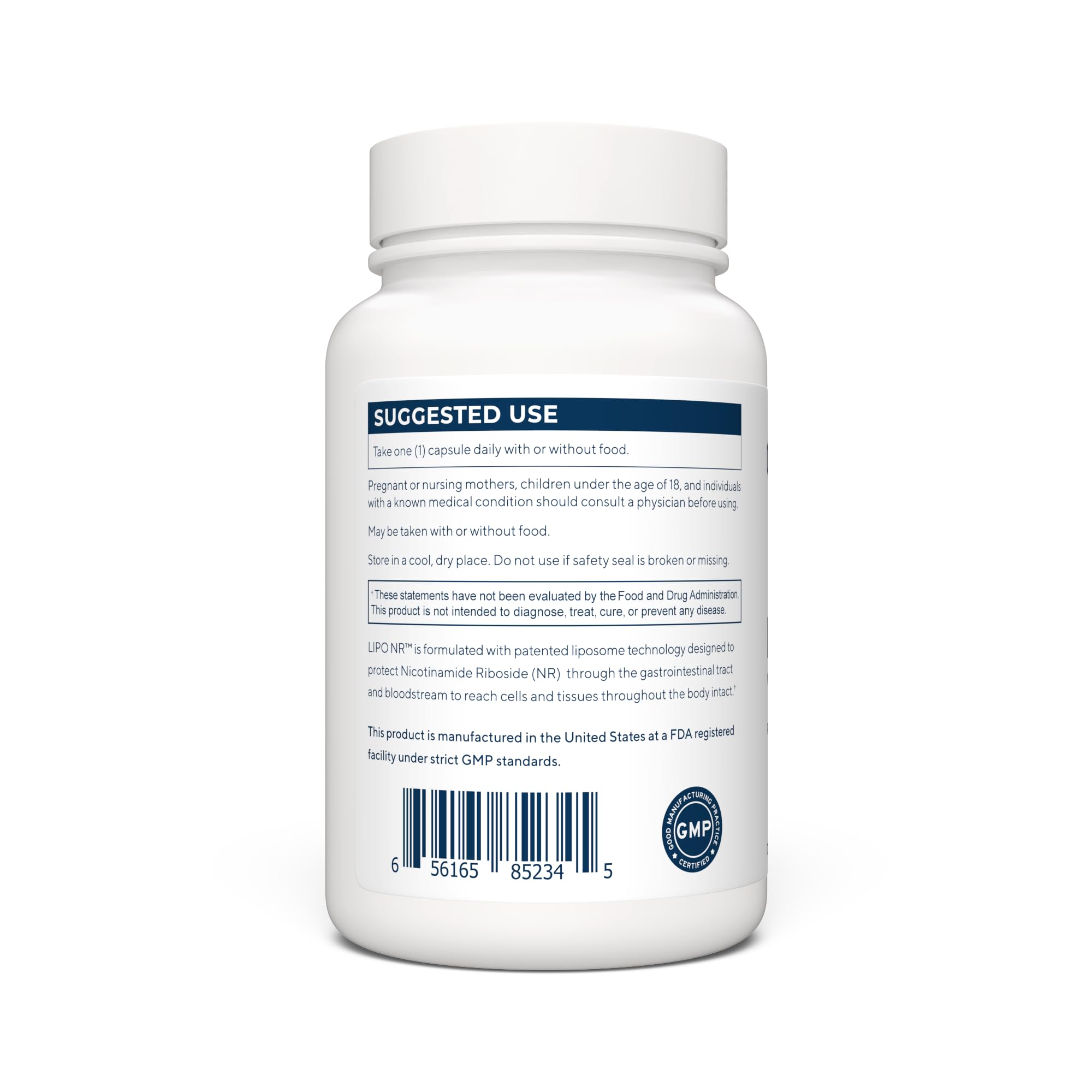 Serving size of Renue By Science NR liposomal capsules showing 300 mg NR per serving.