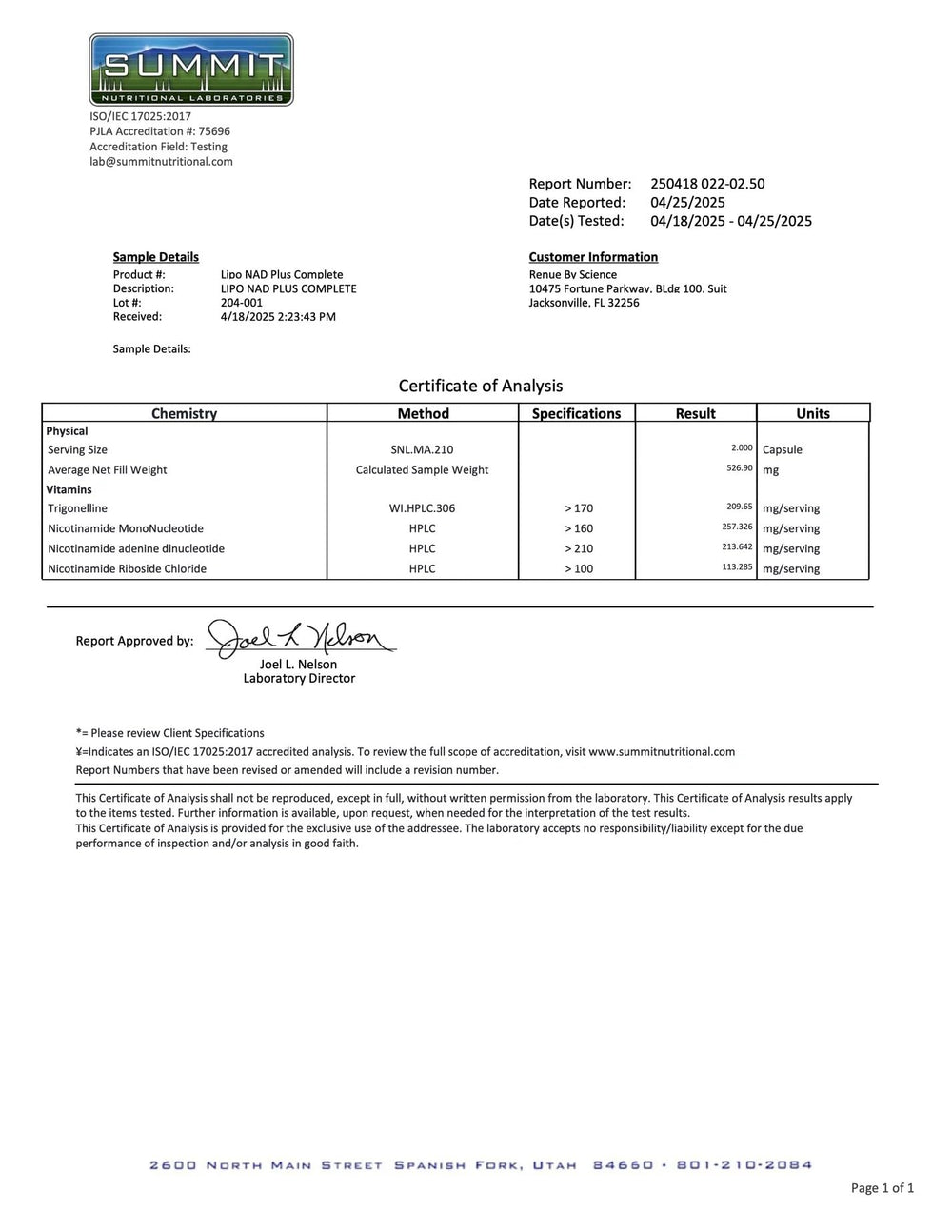 Third-party testing certificate for Renue By Science NR product.