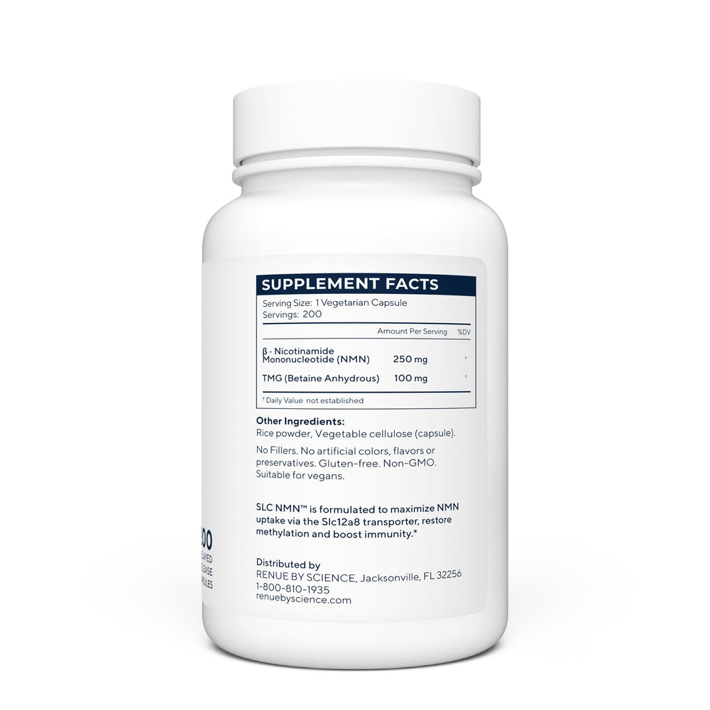 Renue By Science NMN delayed-release capsules closeup showing capsule design.