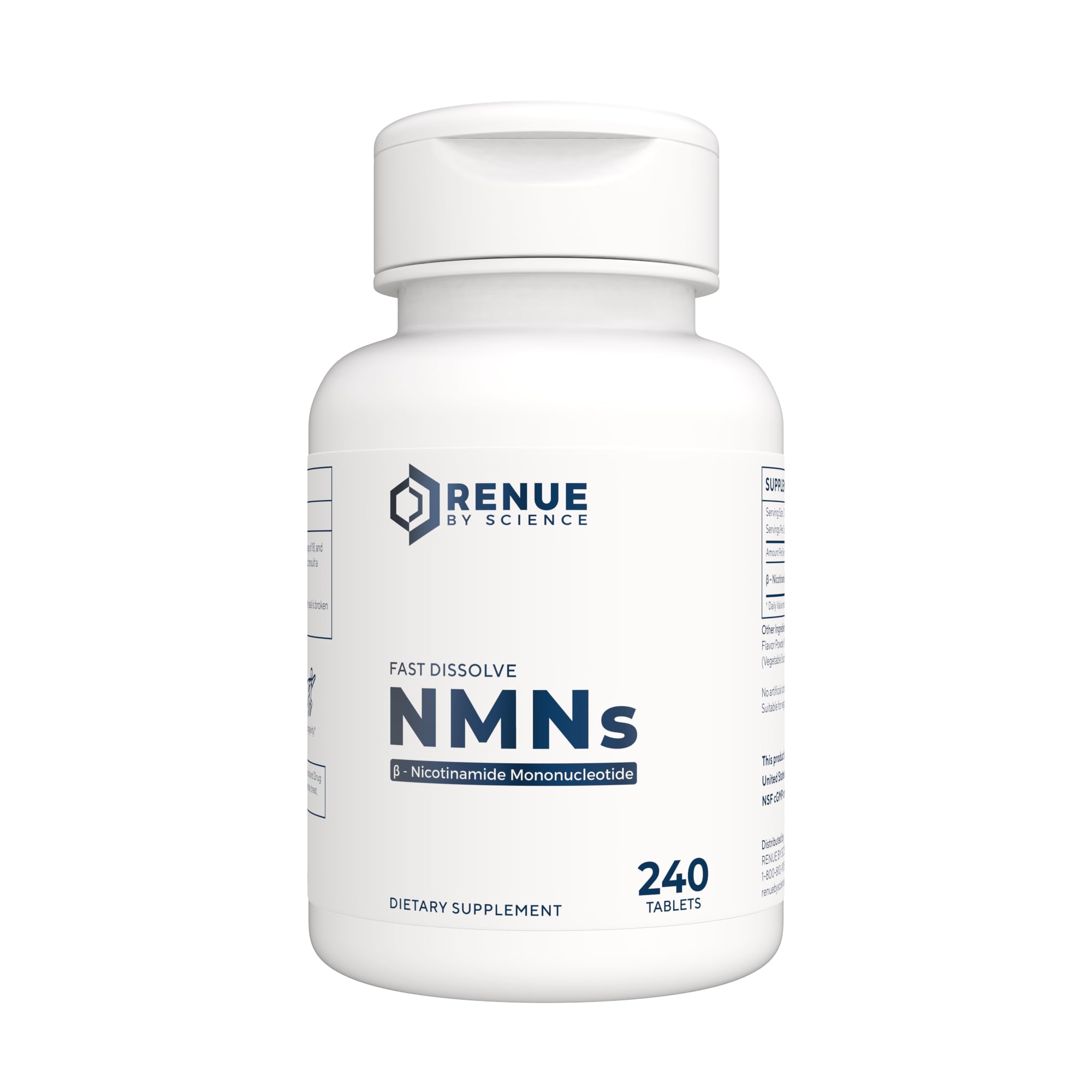 Renue By Science NMN fast-dissolve tablets bottle highlights convenient energy-support format.