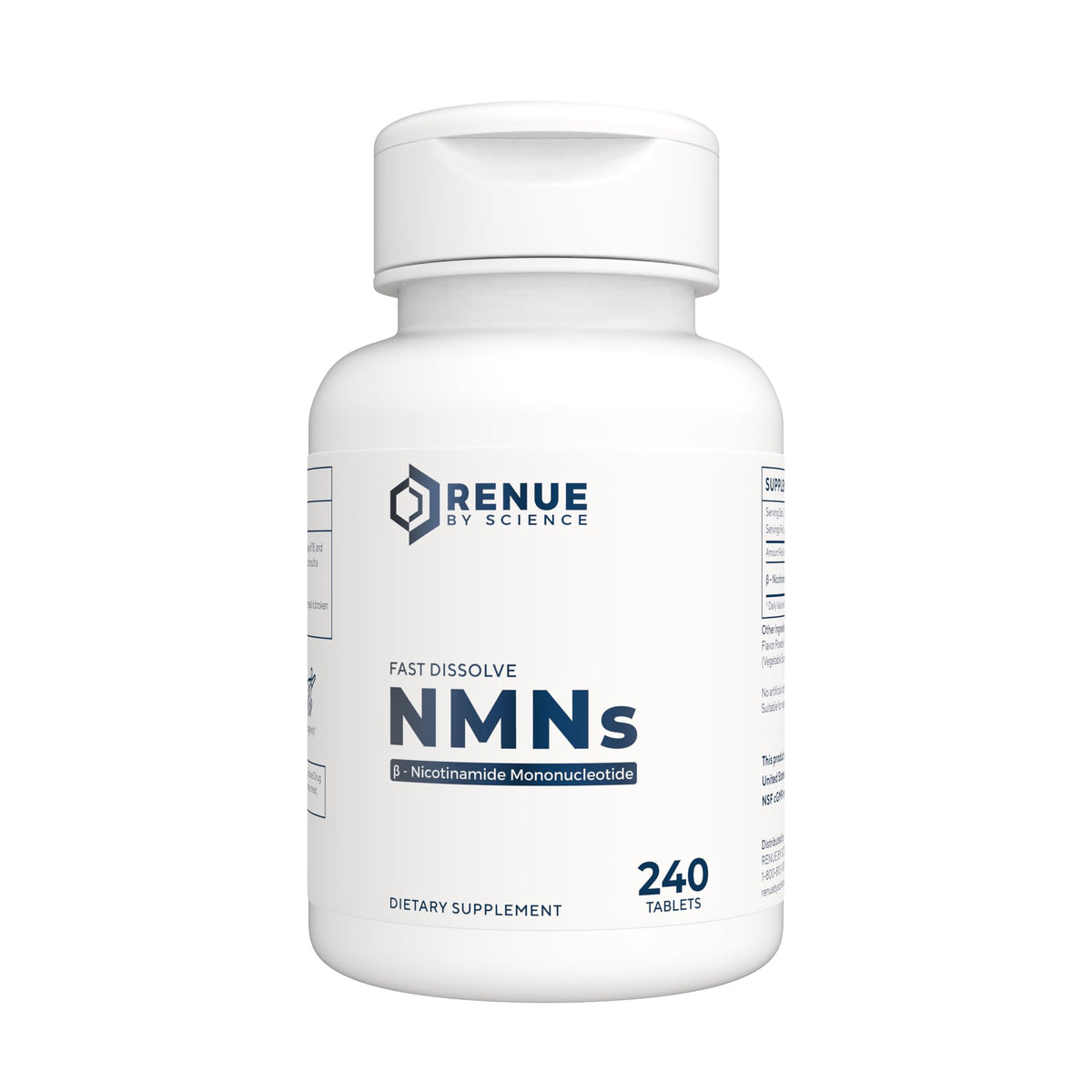 Renue By Science NMN fast-dissolve tablets bottle highlights convenient energy-support format.