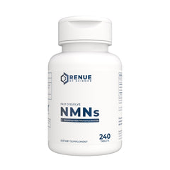Renue By Science NMN fast-dissolve tablets bottle highlights convenient energy-support format.