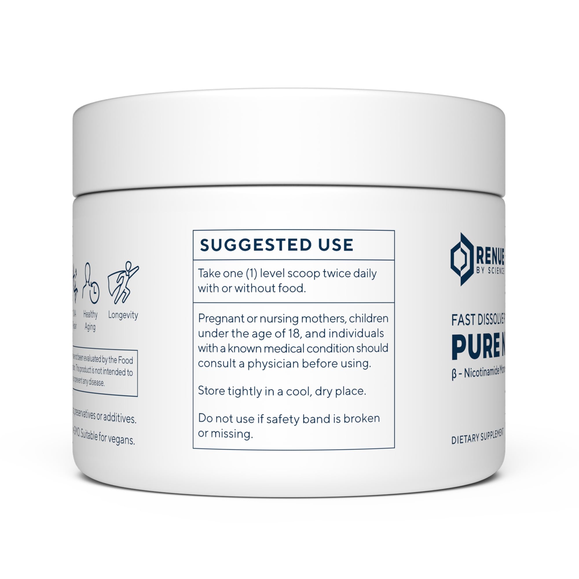 Renue By Science NMN powder scoop pour demonstrates portable, on-the-go supplementation.