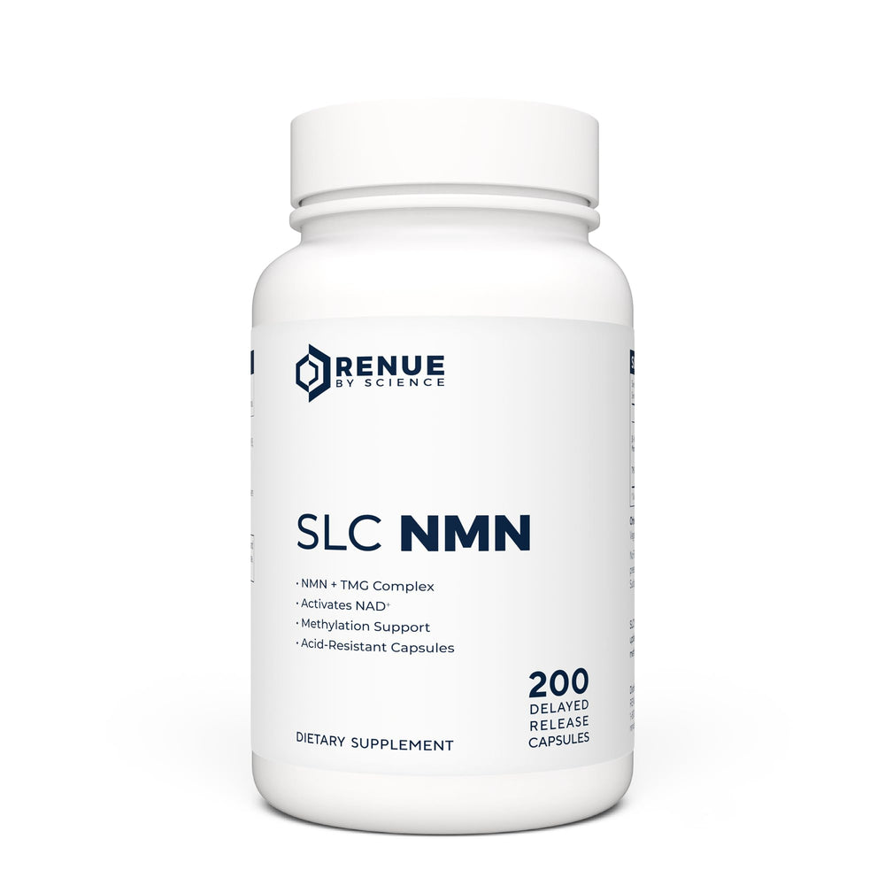 Renue By Science NMN SLC enteric capsules bottle for convenient daily use.
