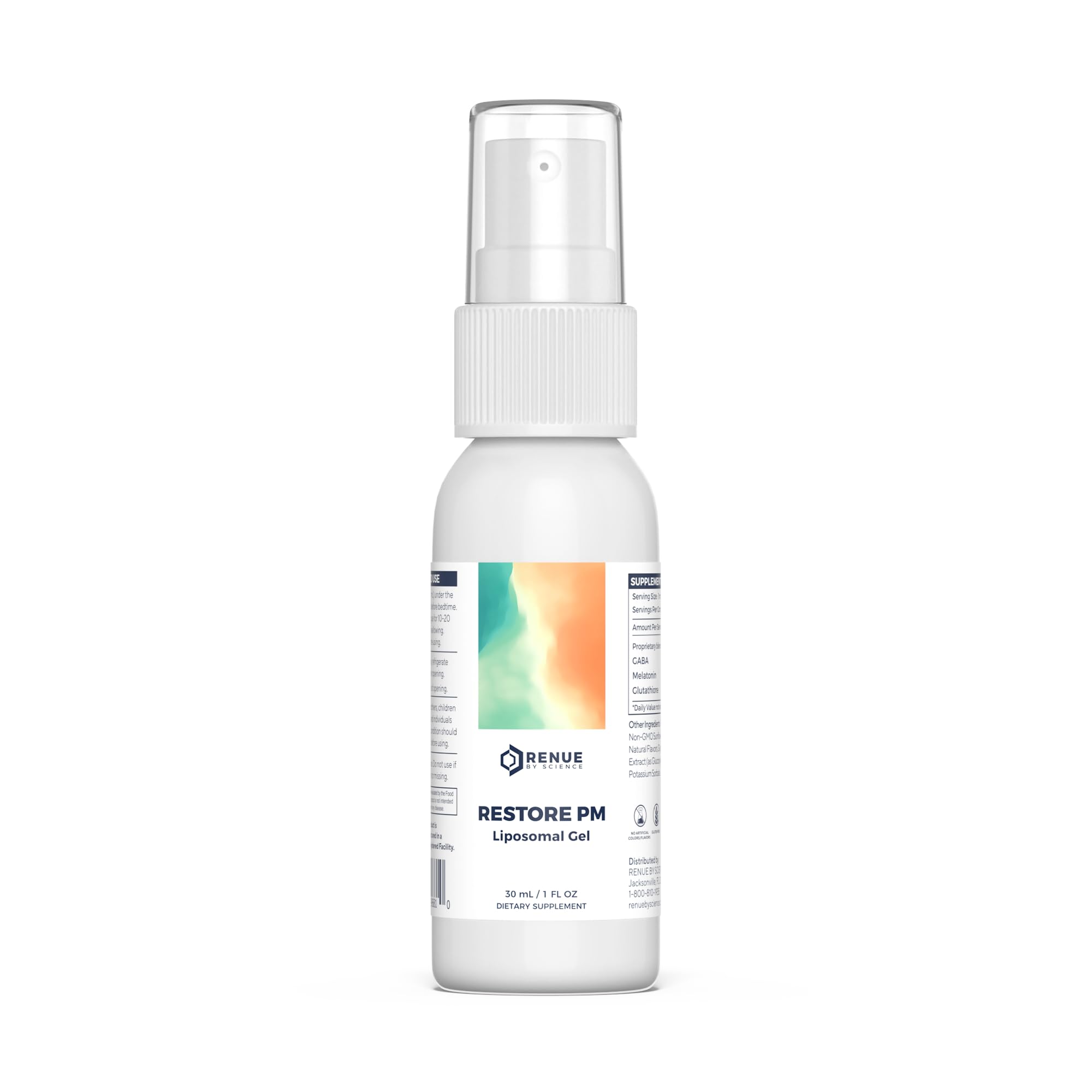 Renue By Science Restore PM bottle pump shows rapid sublingual absorption for sleep support