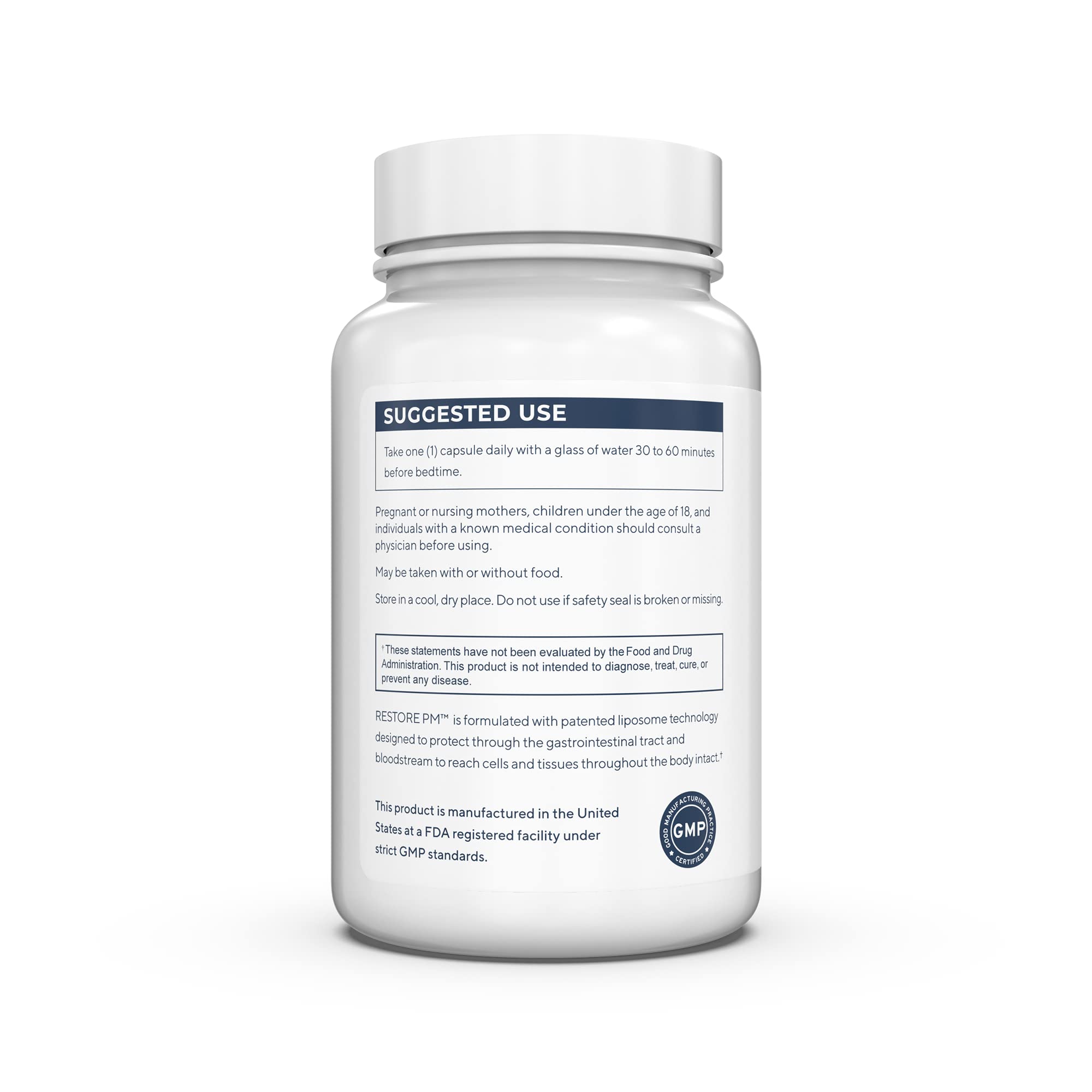 Renue By Science Restore PM capsules texture revealing compact easy-to-swallow daily sleep support.