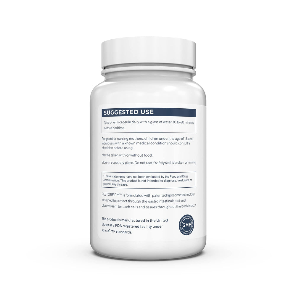 Renue By Science Restore PM capsules texture revealing compact easy-to-swallow daily sleep support.