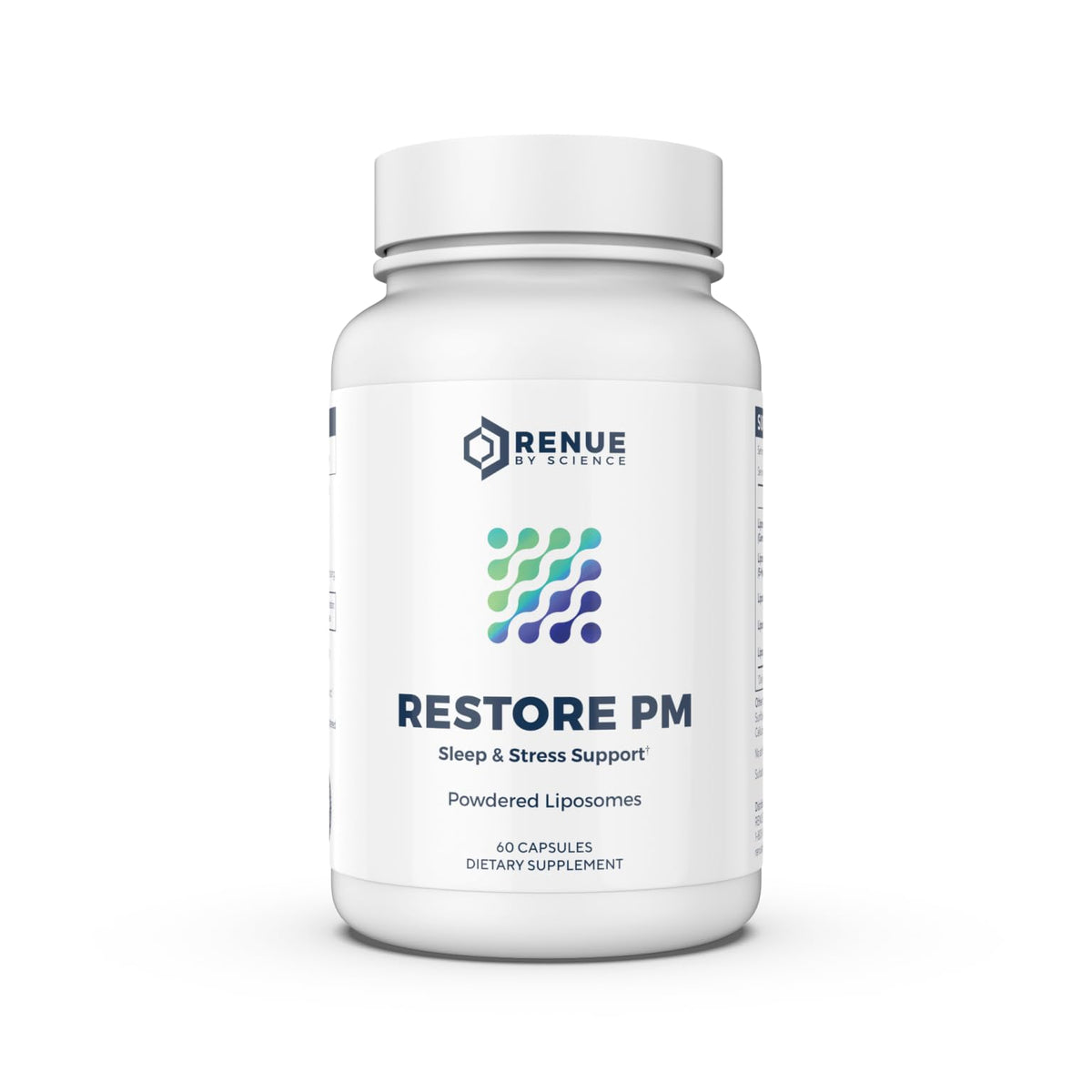 Renue By Science Restore PM sleep capsule closeup highlighting the liposomal blend for calmer nights.