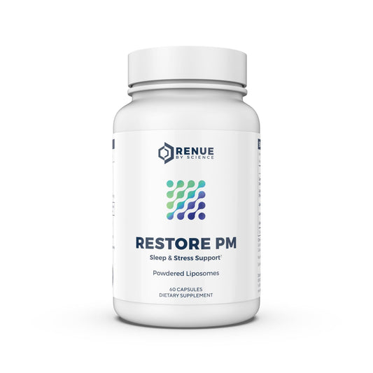 Renue By Science Restore PM sleep capsule closeup highlighting the liposomal blend for calmer nights.