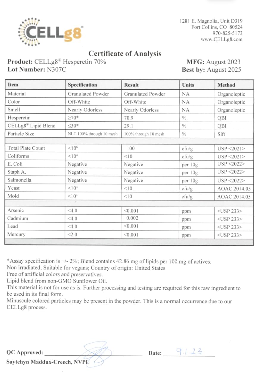 Made in the USA, third-party tested hesperidin supplement seal.
