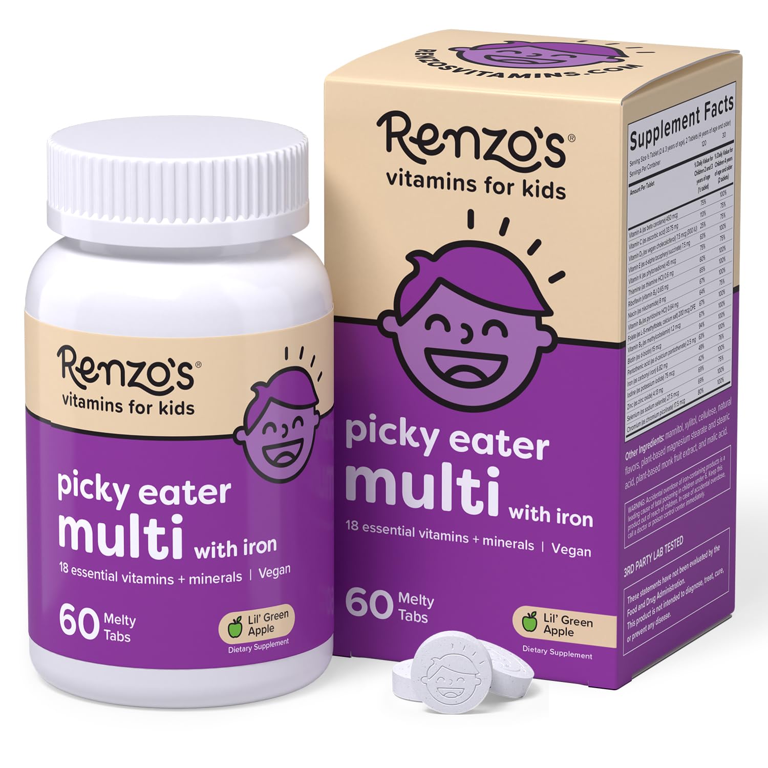 Renzo's Picky Eater melting tabs in a bottle offer a sugar-free daily vitamin option.