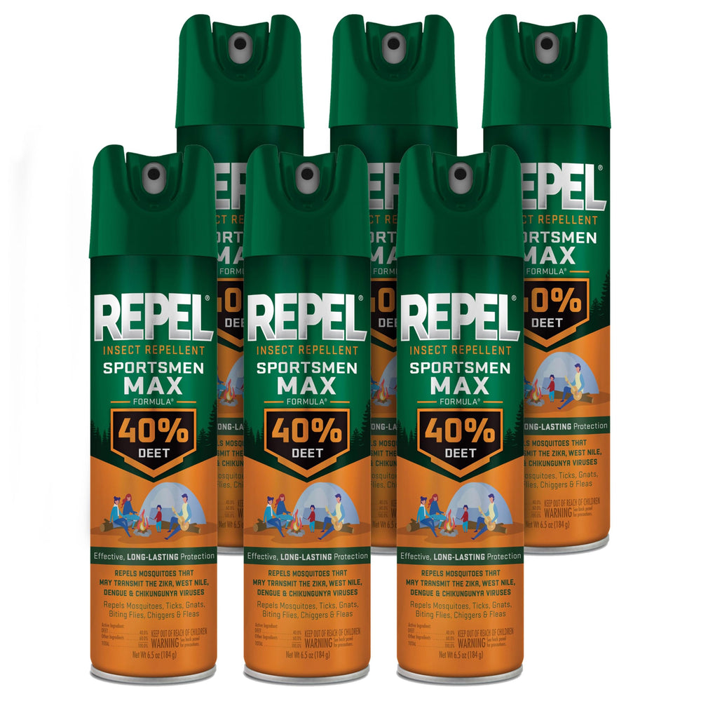 Repel Sportsmen Max Formula 40% DEET aerosol bottle for outdoor protection.