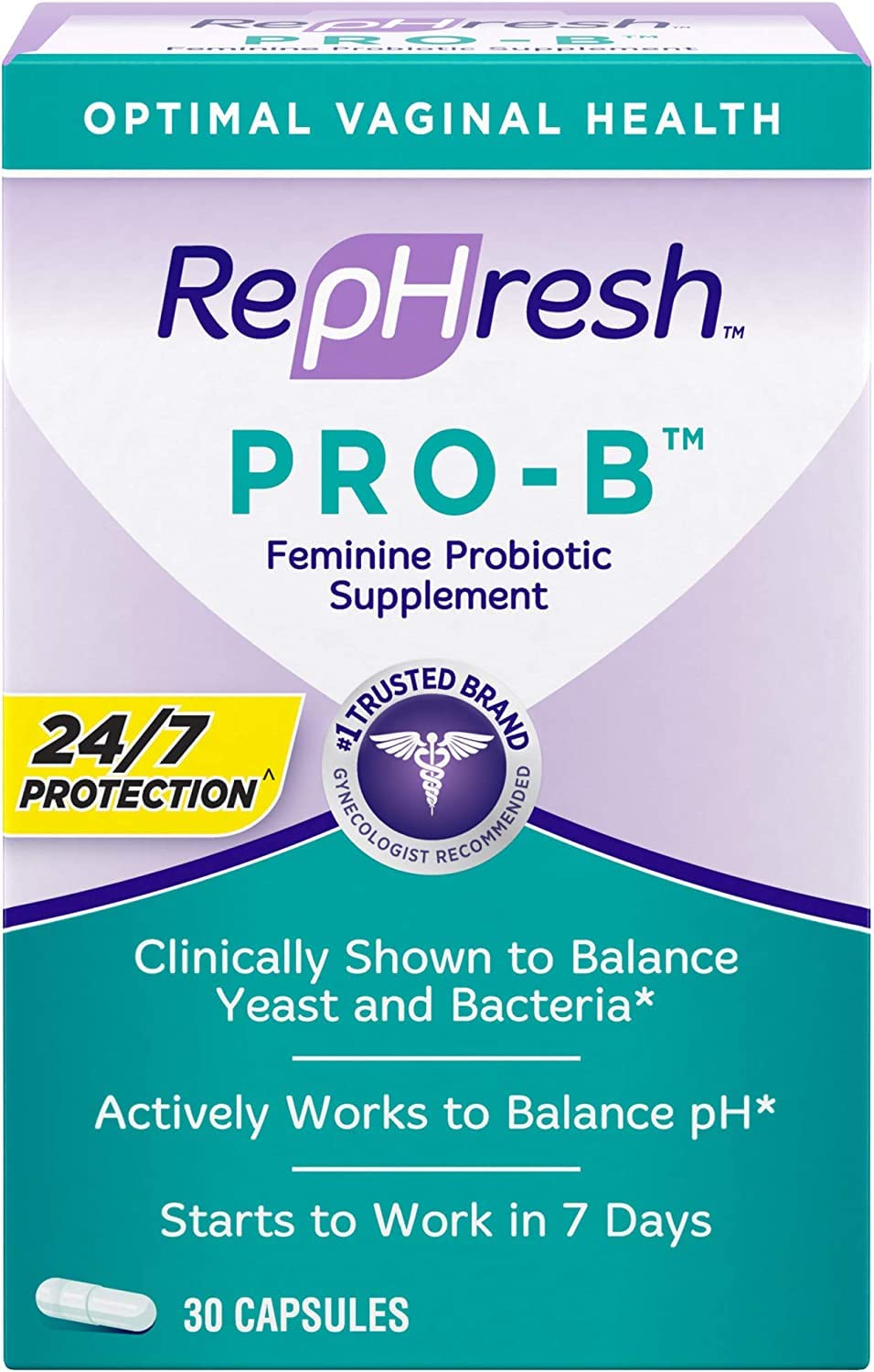 RepHresh Pro-B bottle front promotes daily feminine health balance.