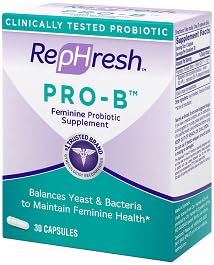 Rephresh Pro-B label close-up—patented Lactobacillus strains featured.