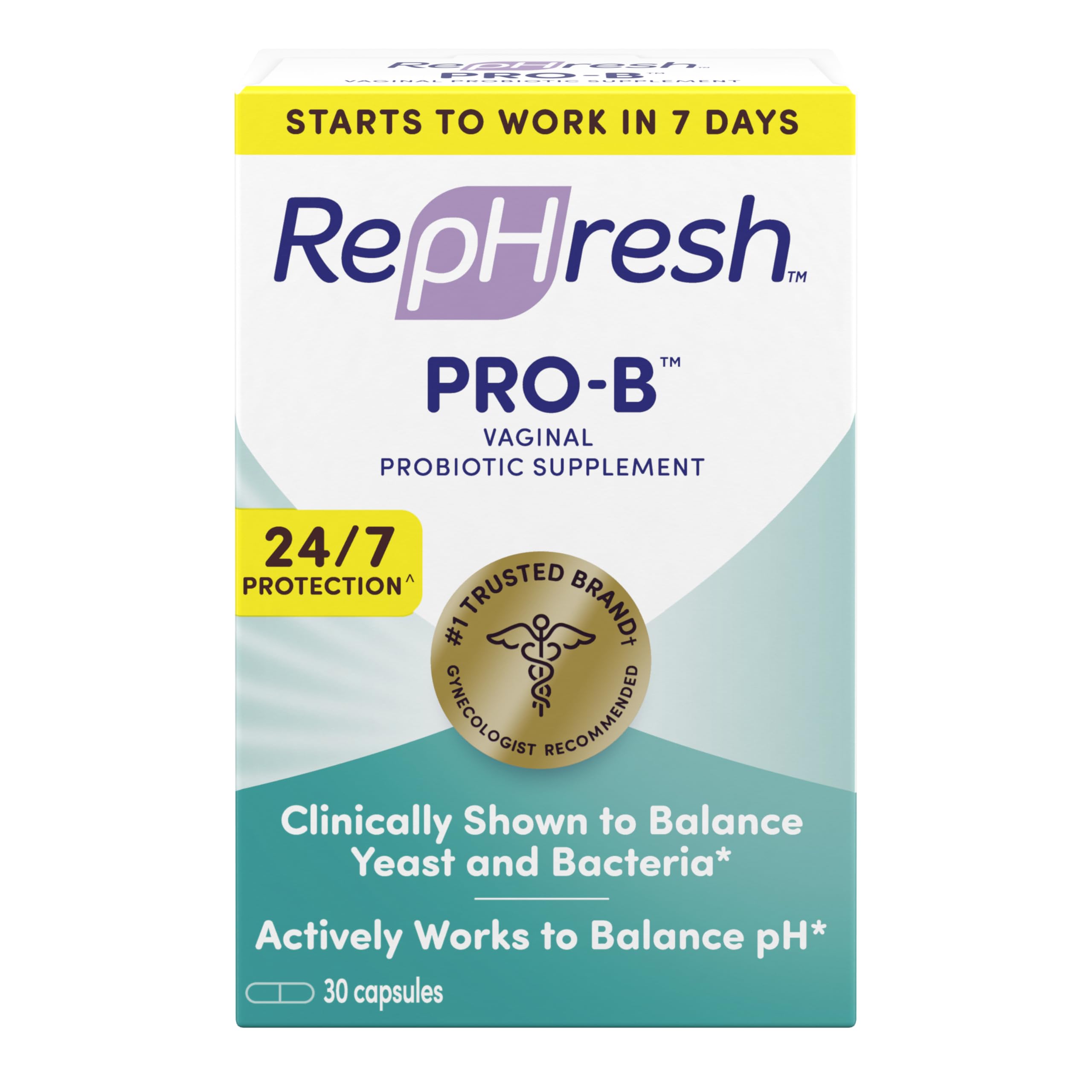 Rephresh Pro-B probiotic bottle on shelf supporting daily yeast balance