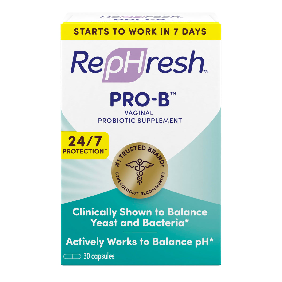 Rephresh Pro-B probiotic bottle on shelf supporting daily yeast balance