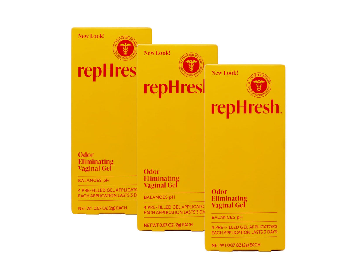Rephresh vaginal gel packaging box on a bathroom counter for odor control.
