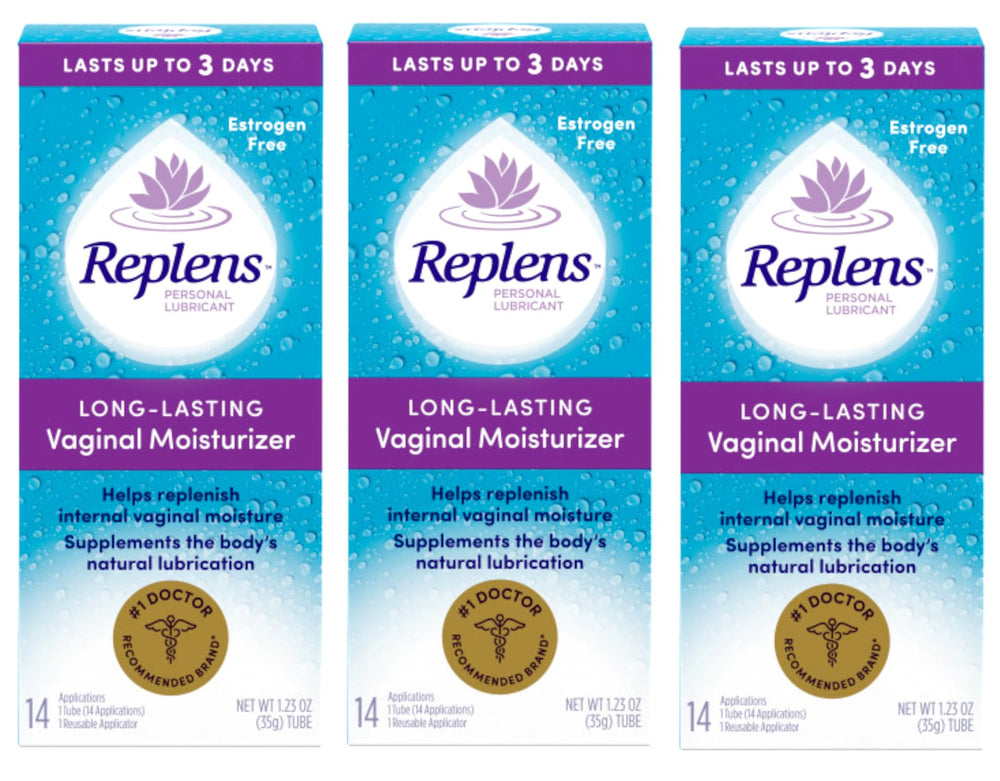 Replens bottle close-up showing long-lasting moisture for daily comfort