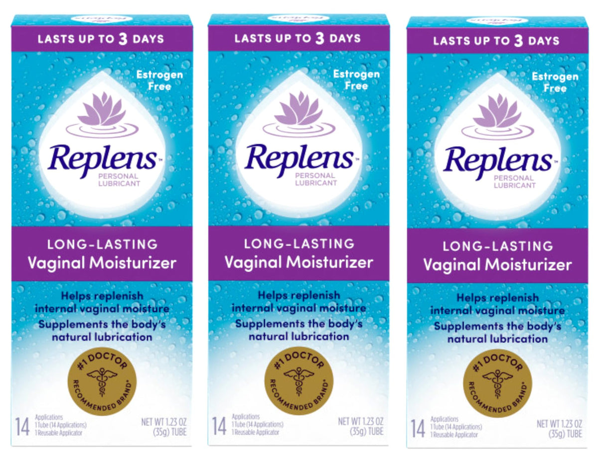 Replens bottle close-up showing long-lasting moisture for daily comfort