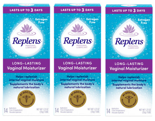 Replens bottle close-up showing long-lasting moisture for daily comfort