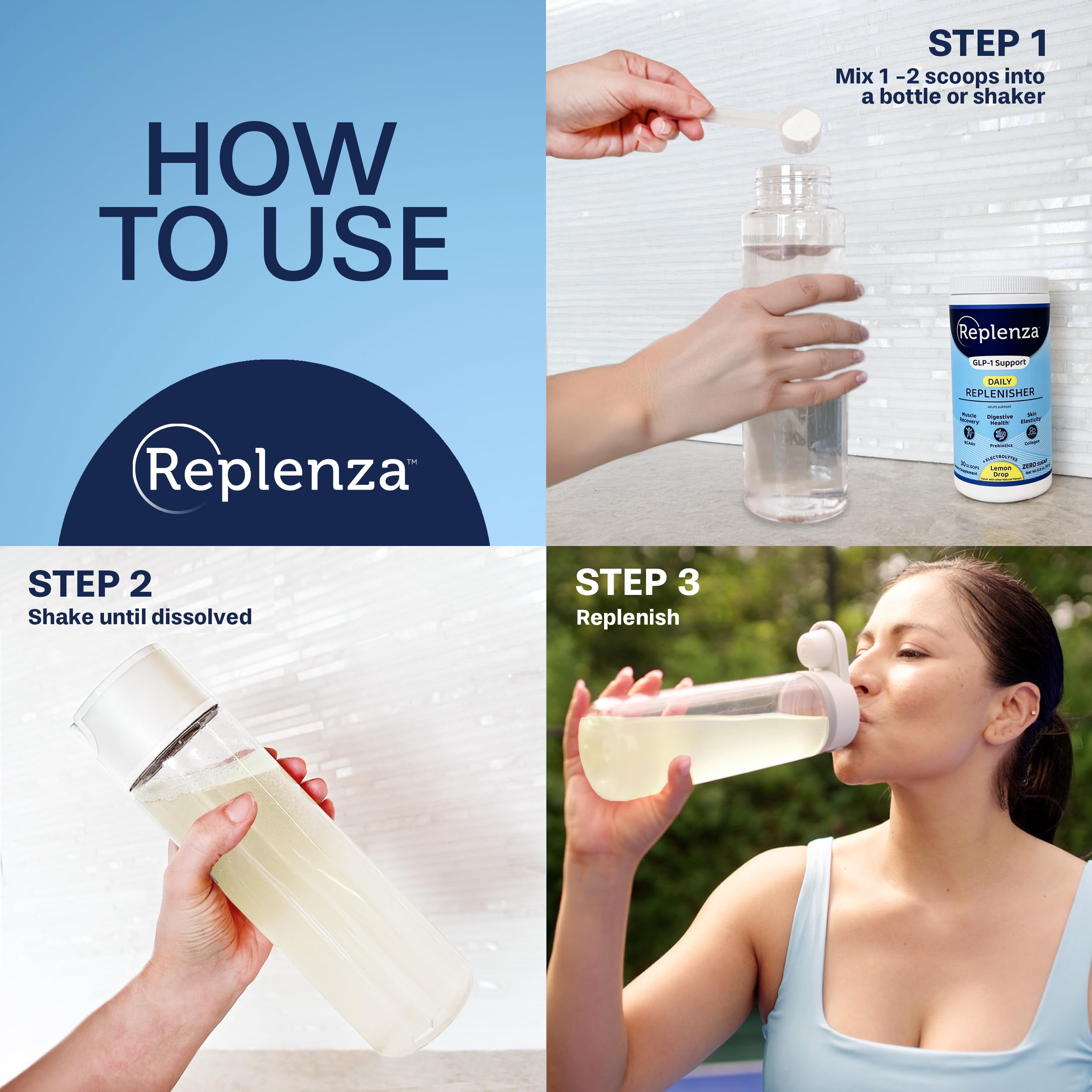 Replenza Daily Replenisher label close-up highlighting collagen for skin elasticity