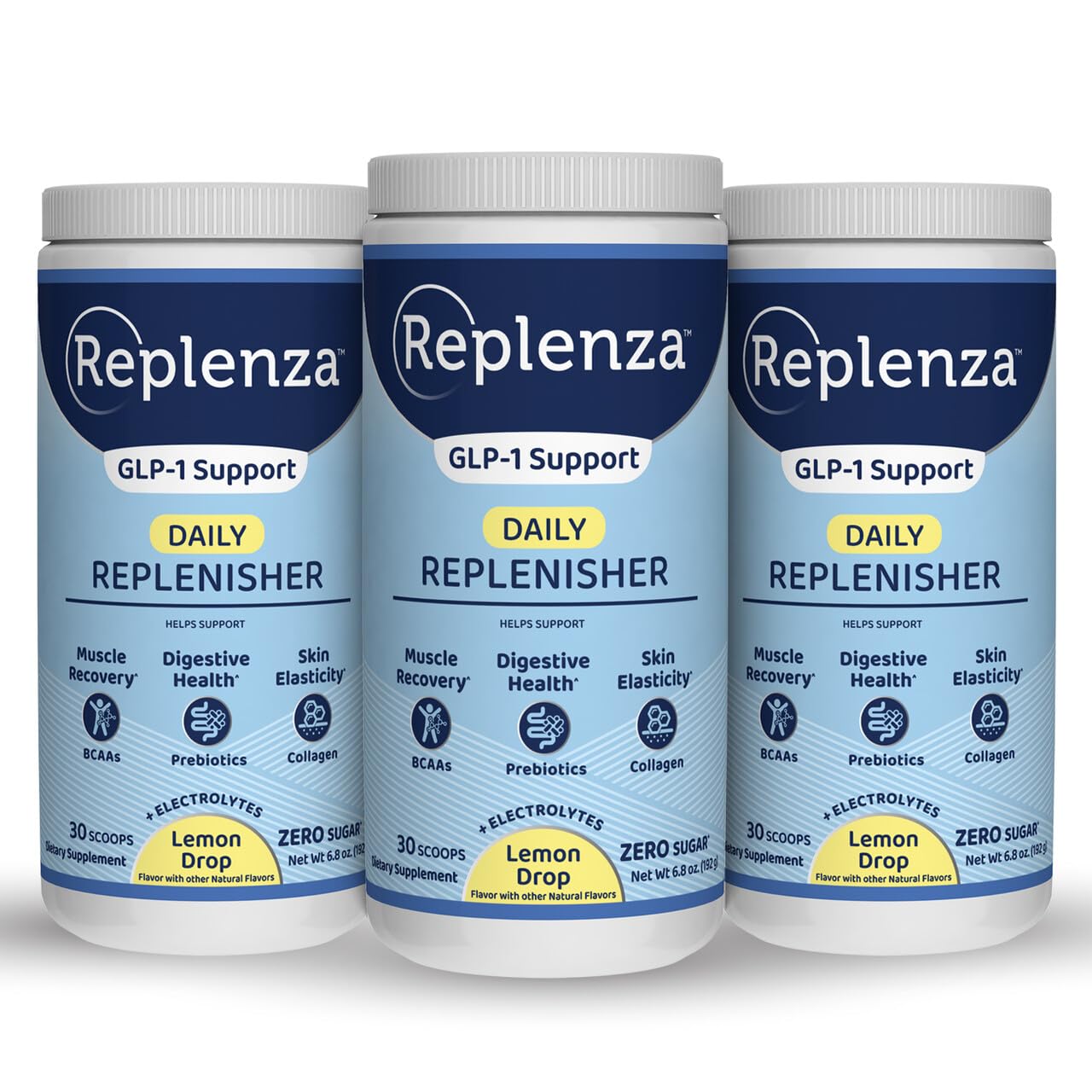 Replenza Daily Replenisher lemon powder bottle pour for on-the-go hydration