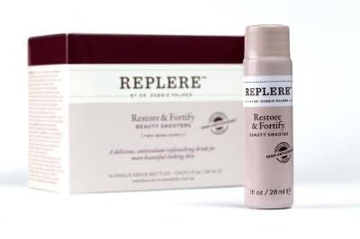 Replere Restore Fortify beauty shooter bottle showing premium packaging for on-the-go wellness.