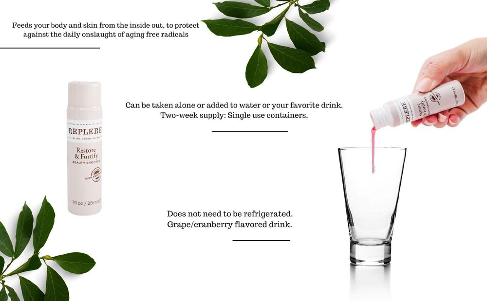 Replere Restore Fortify bottle pour, convenient 1-ounce shot for quick daily use.