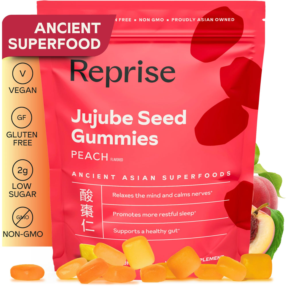 Reprise Jujube Seeds Gummies peach bottle promotes calm relaxation for evenings.