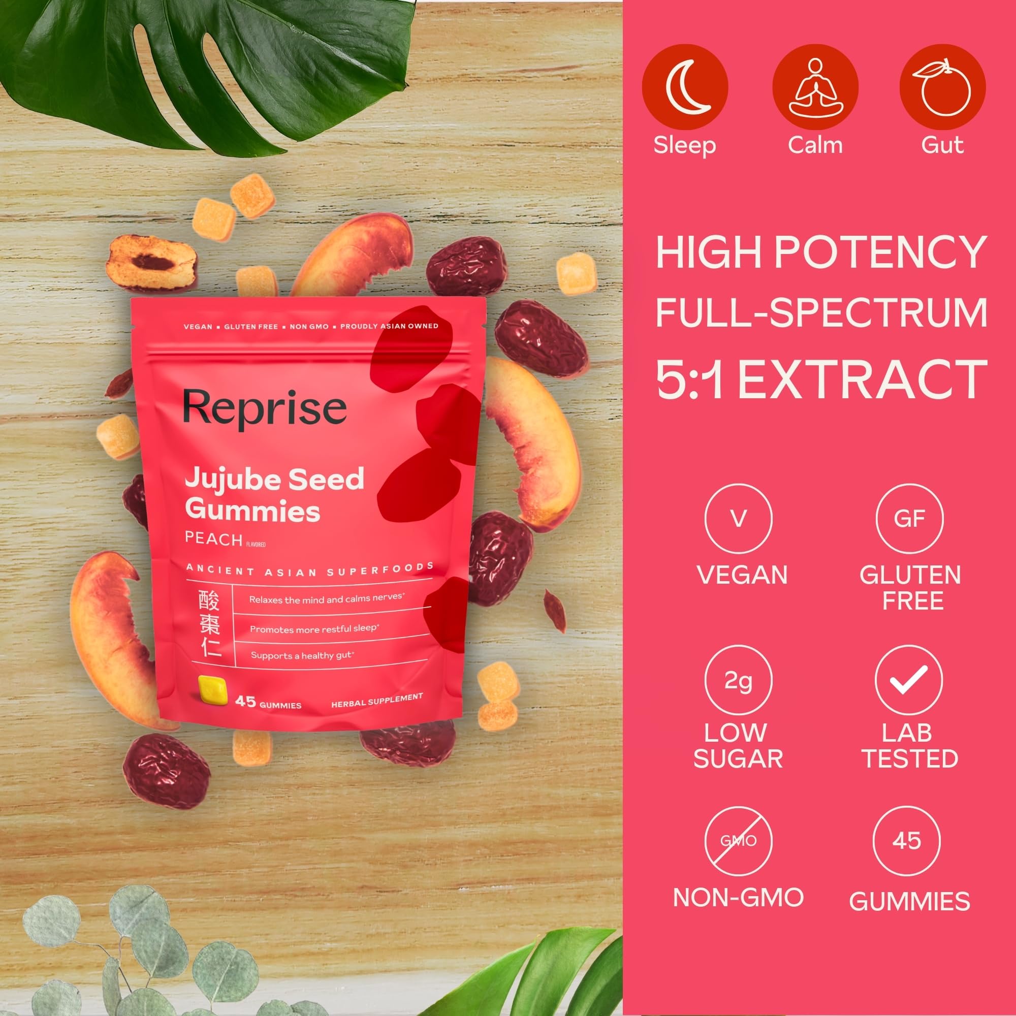 Reprise Jujube Seeds Gummies peach gummies closeup highlights full-spectrum seeds for gentle rest.