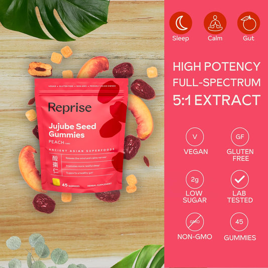 Reprise Jujube Seeds Gummies peach gummies closeup highlights full-spectrum seeds for gentle rest.