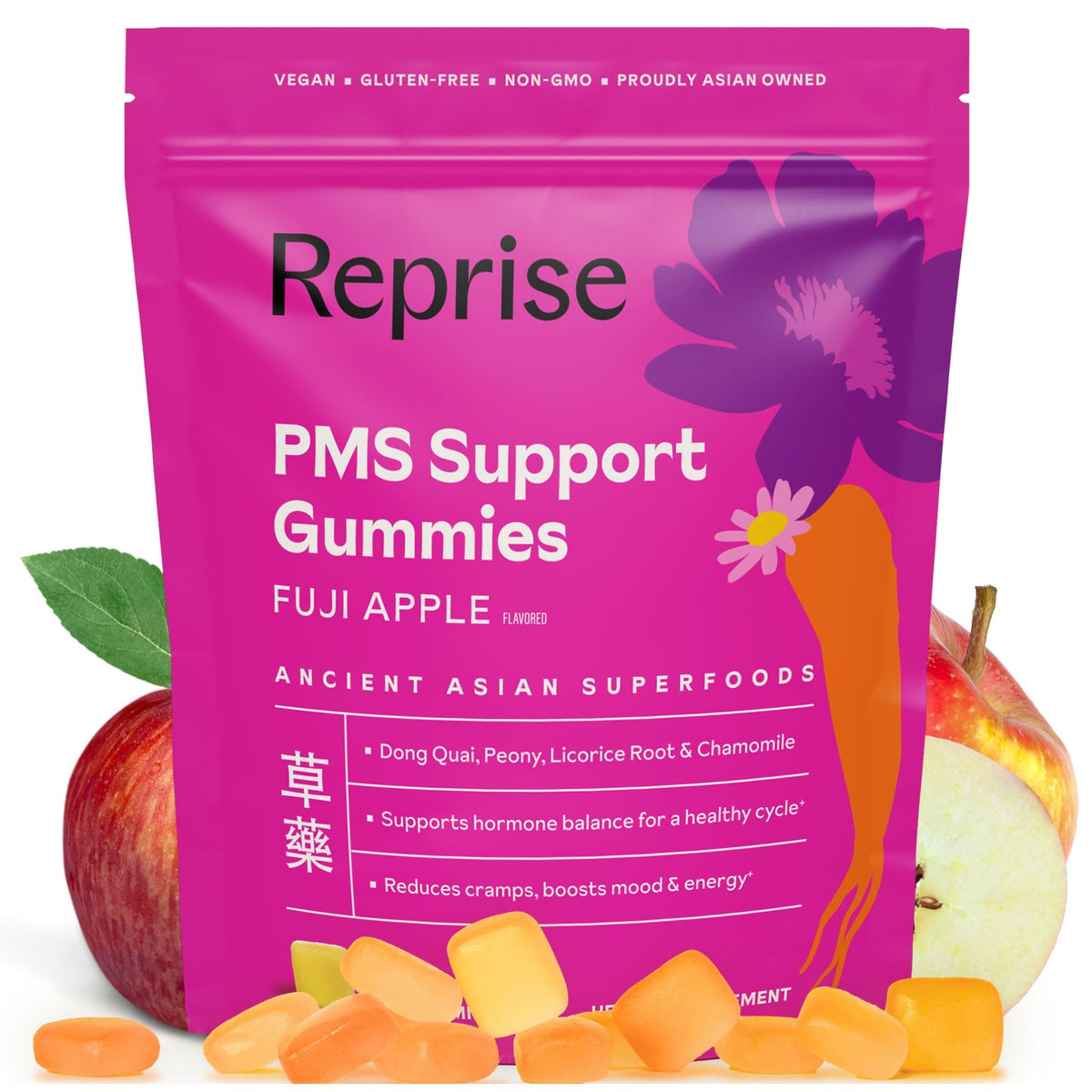 Reprise PMS Support Gummies bottle on shelf suggesting mood balance and cycle comfort.