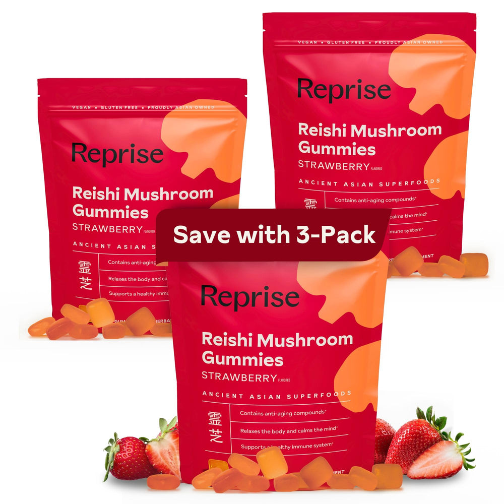 Reprise Reishi gummies strawberry pack-three image shows a tasty daily wellness option for calm focus.