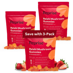 Reprise Reishi gummies strawberry pack-three image shows a tasty daily wellness option for calm focus.