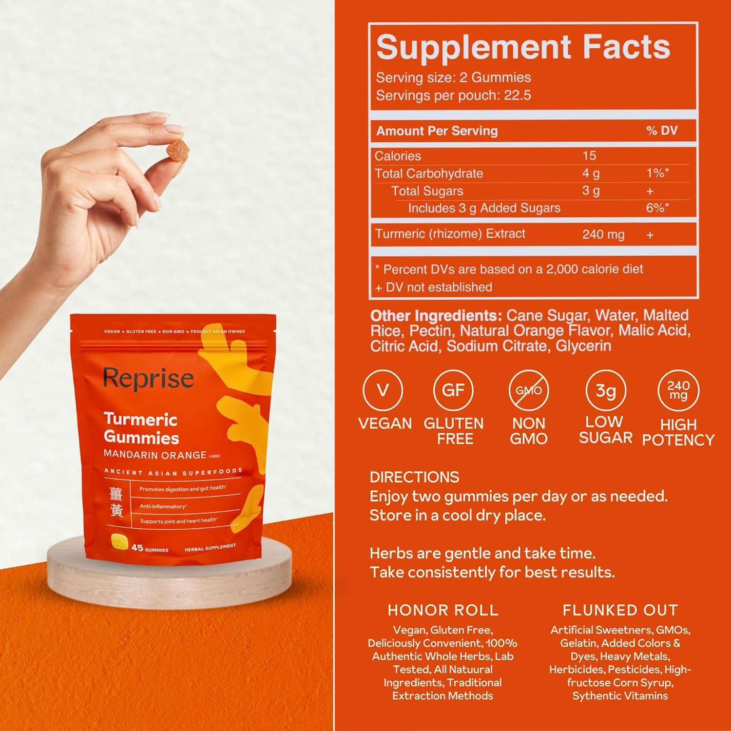 Vegan and gluten-free icons with Reprise Turmeric Gummies branding.