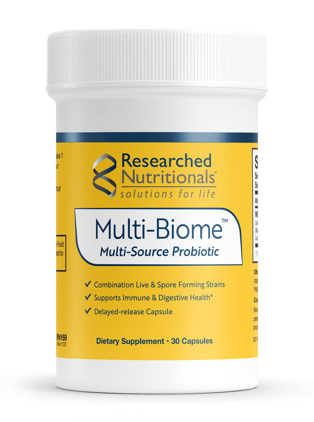 Researched Nutritionals Multi-Biome bottle front with capsules for gut health