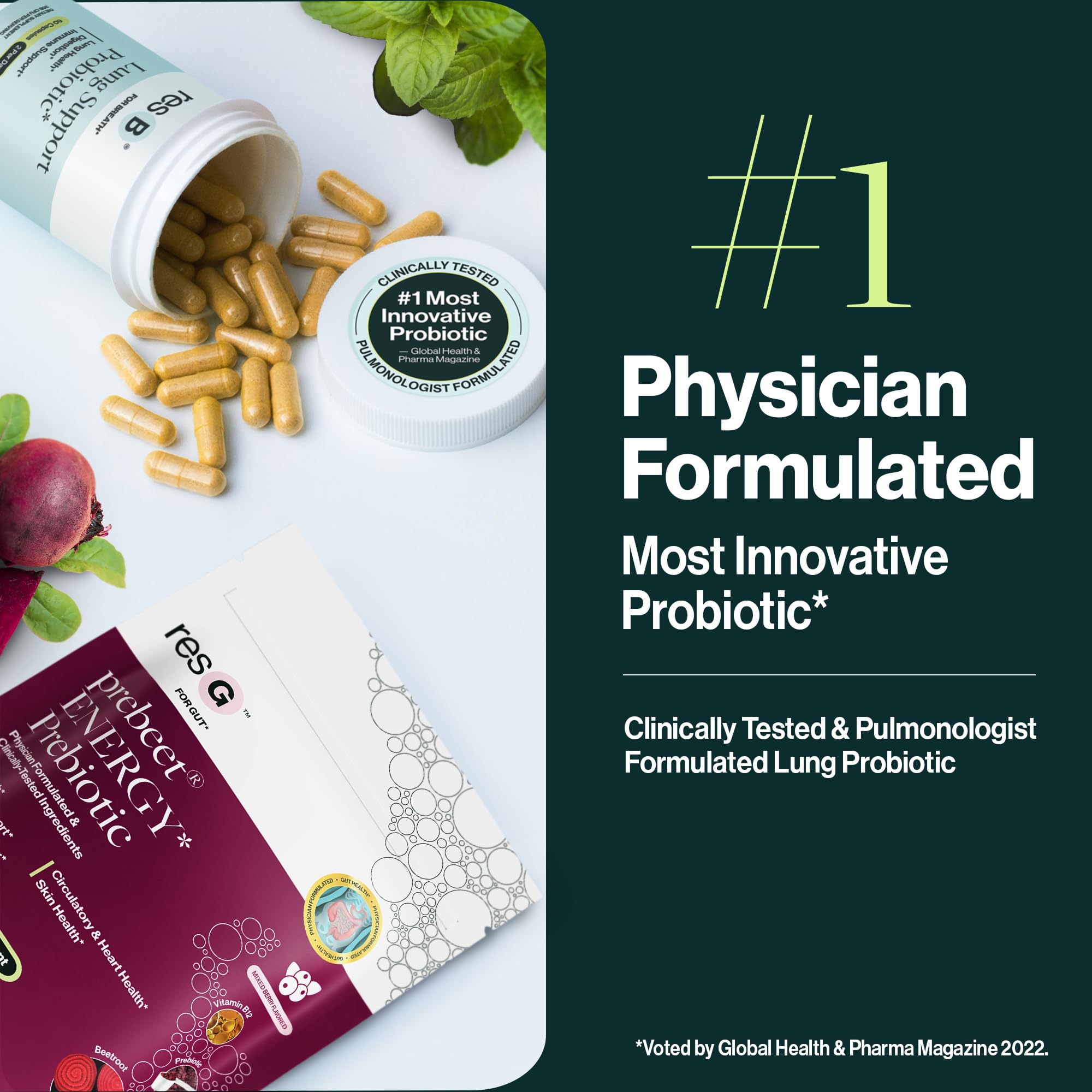 ResBiotic resB capsules close-up highlighting probiotic blend for respiratory support
