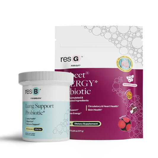 ResBiotic resB lung-gut support bottle boosts daily wellness with a doctor-formulated probiotic blend.