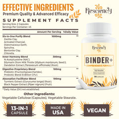 Resciency Detox Binder capsules dispersion image emphasizes convenient daily capsules.