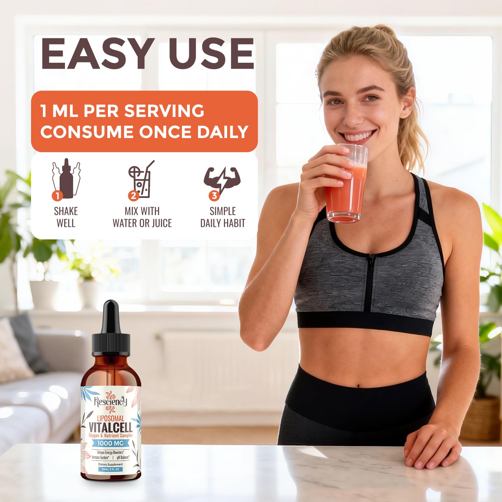 Resciency liquid oxygen drops mixed in water shows easy oxygen-enriched hydration routine